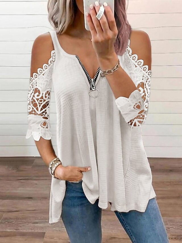  Summer Lace Zipper Blouse for Women in Solid Colors