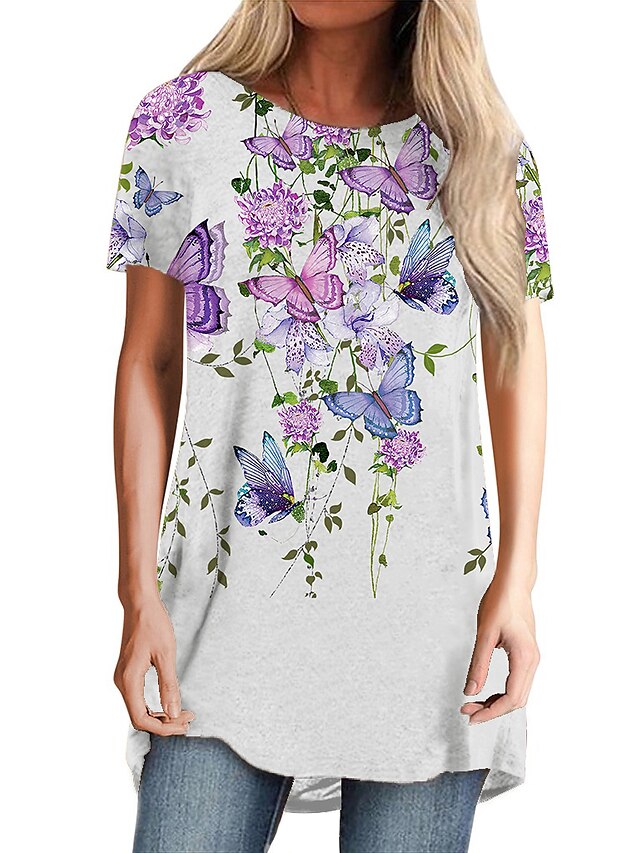  Women's Holiday Weekend T shirt Tee Floral Butterfly Painting Short Sleeve Floral Butterfly Round Neck Print Basic Tops Green White Blue S / 3D Print