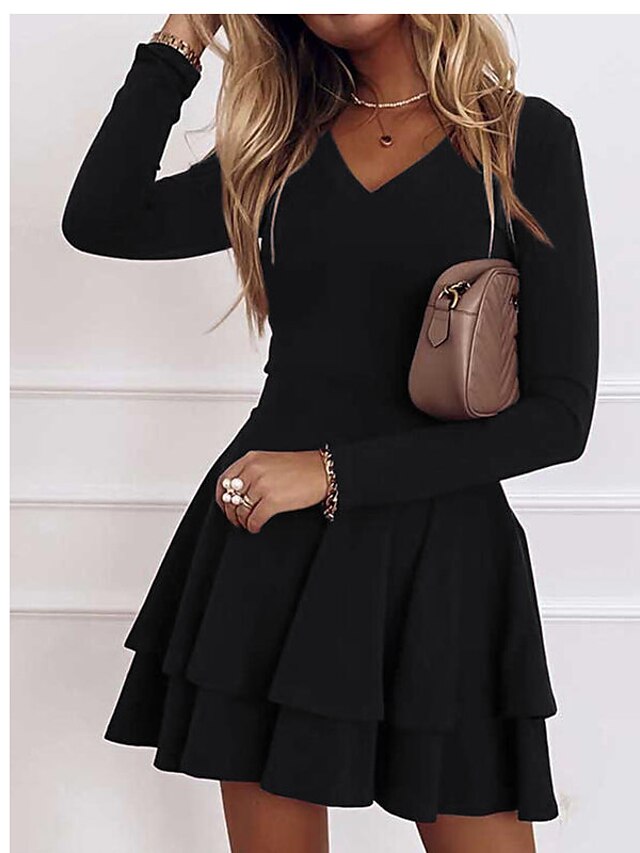 vestido preto feminino vestido sexy vestido linha mini vestido vinho tinto azul escuro manga longa cor sólida babado em camadas outono primavera decote em v personalizado elegante
