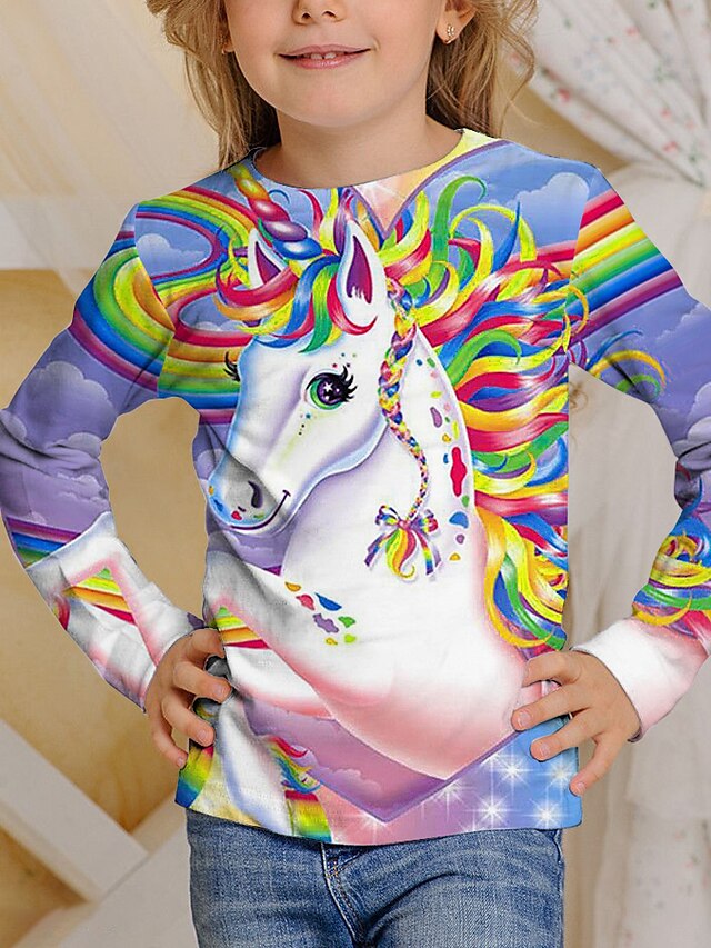  Girls' Long Sleeve Unicorn 3D Printed T shirt