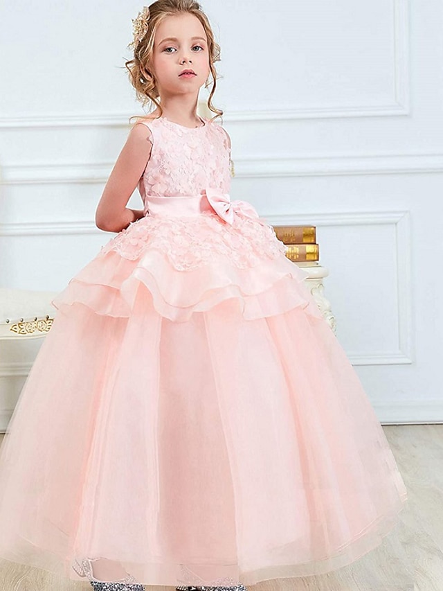  Kids Girls' Dress Solid Color Bow Sleeveless Prom Wedding Party Ruffle Embroidered Layered Ball Gown Princess Polyester Maxi Pink Princess Dress Summer Spring Fall 4-13 Years Pink Lavender Green