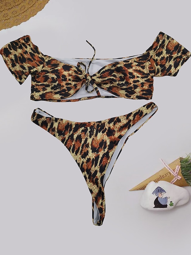  Women's Swimwear Bikini 2 Piece Swimsuit Tummy Control Push Up Leopard Black Swimwear Off Shoulder Padded Crop Top Bathing Suits Casual Sexy New / Padless