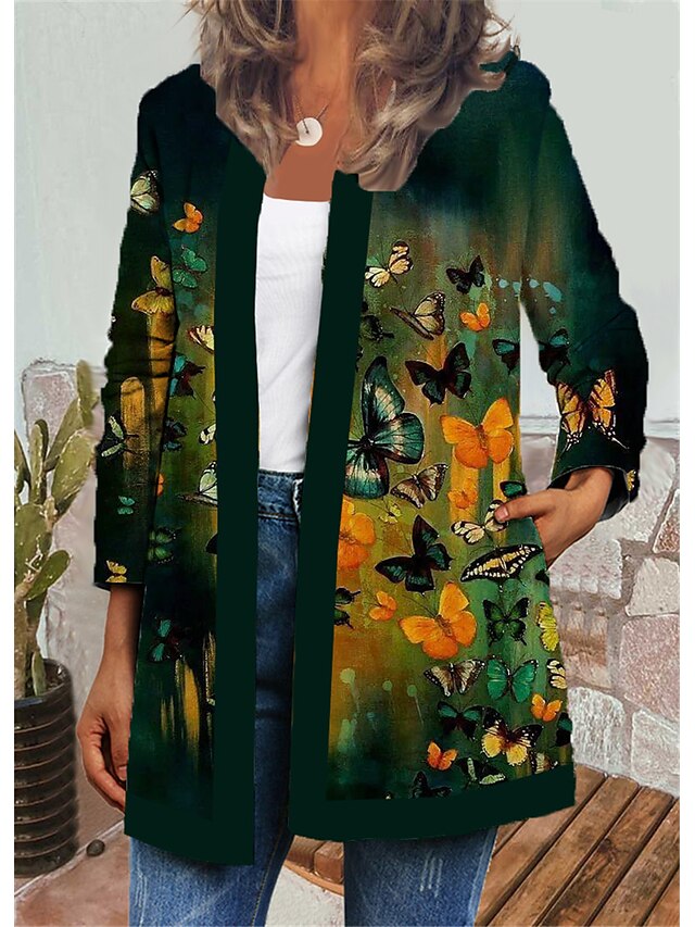  Women's Jacket Casual Jacket Print Casual Daily Holiday Coat Regular Air Layer Fabric Green Blue Yellow Open Front Autumn / Fall Winter Round Neck Regular Fit S M L XL XXL 3XL / Animal Patterned