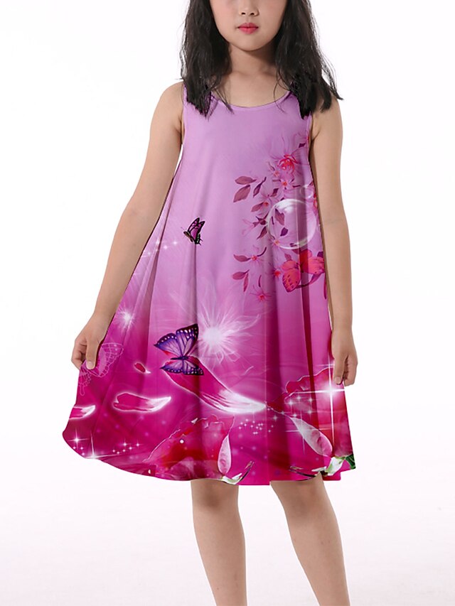  Kids Little Girls' Dress Graphic Animal Butterfly Ruched Print Fuchsia Knee-length Sleeveless 3D Print Cute Dresses Loose 4-13 Years
