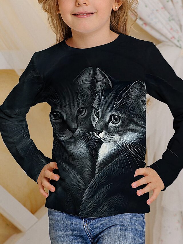  Garçon Fille 3D Animal Chat T-shirt manche longue 3D effet Automne Actif Polyester Enfants 4-12 ans Ecole Usage quotidien Standard