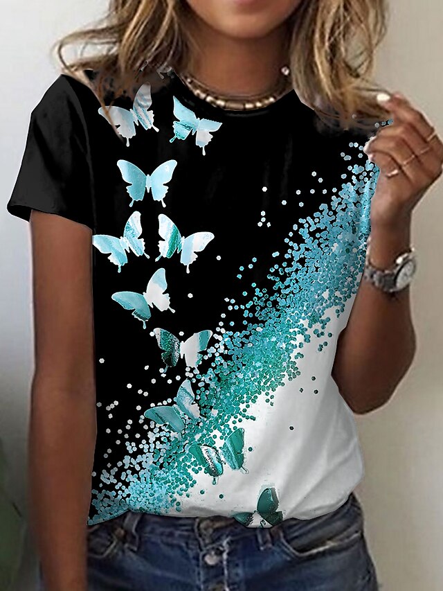  Damen T Shirt Tier Farbblock Schmetterling Täglich Wochenende Schwarz Gelb Purpur Bedruckt Kurzarm Basic Rundhalsausschnitt Regular Fit