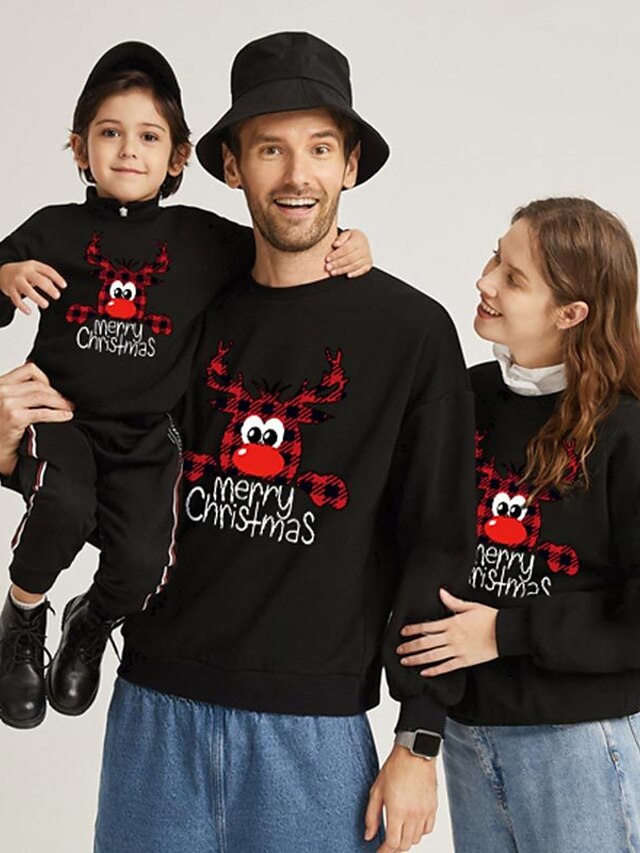 Family Tops Sweatshirt Cotton Plaid Letter Deer Casual Print Black White Red Long Sleeve Mommy And Me Outfits Daily Matching Outfits
