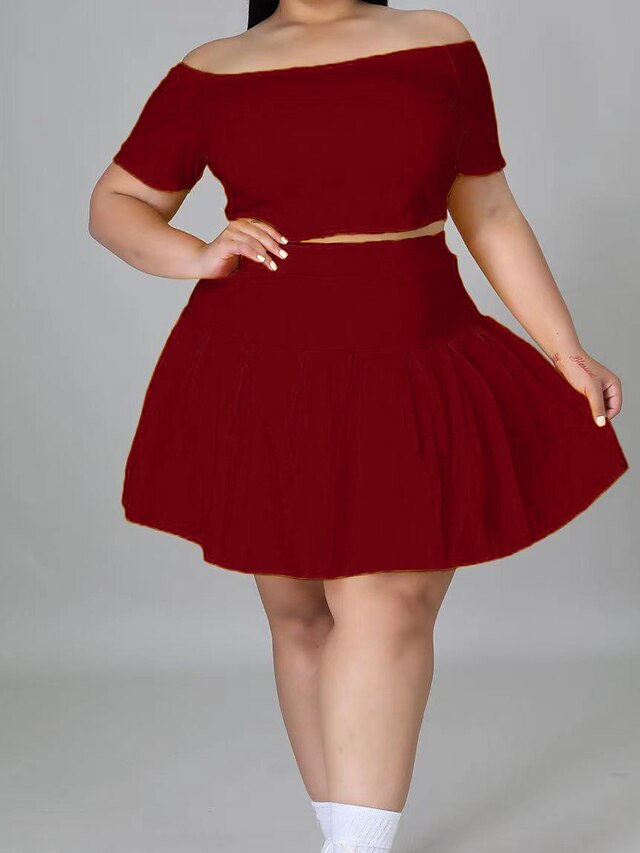 Women's Plus Size Solid Color Two Piece Dress Wide collar Short Sleeve Casual Sexy Spring Summer Causal Daily Short Mini Dress Dress / Skinny