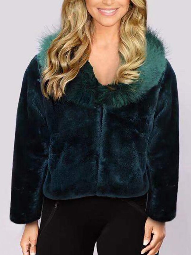  Women's Faux Fur Coat Fall Winter Spring Party Evening Party Outdoor clothing Regular Coat V Neck Regular Fit Elegant & Luxurious Jacket Long Sleeve Fur Trim Solid Colored Wine Gray Green / Plus Size