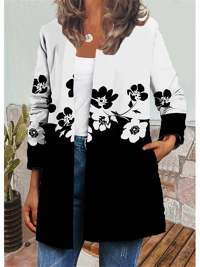  Women's Jacket Casual Jacket Print Casual Daily Holiday Coat Regular Air Layer Fabric White Black Open Front Autumn / Fall Winter Round Neck Regular Fit S M L XL XXL 3XL / Floral / Geometric