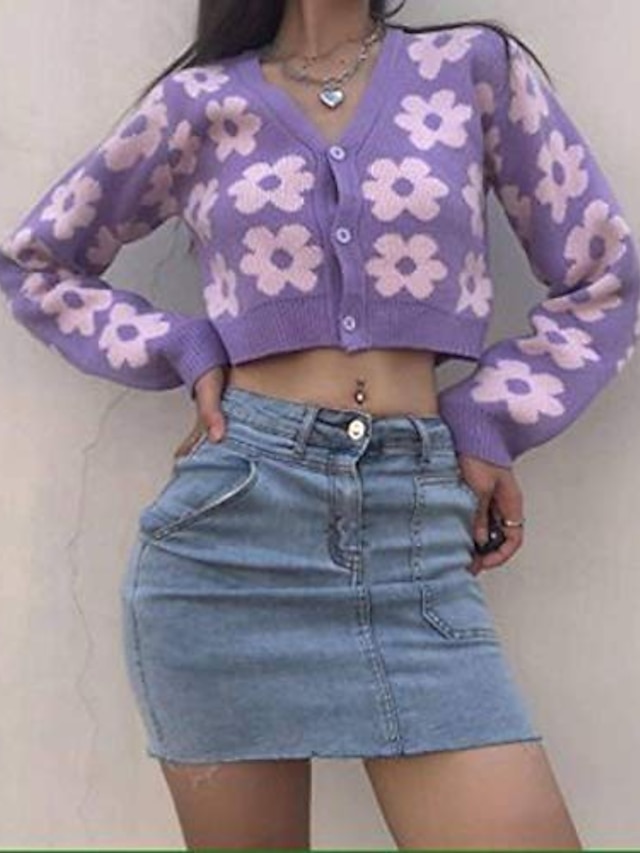  Women's Cardigan Sweater Flower Sweet Style Long Sleeve Sweater Cardigans V Neck Purple / Holiday