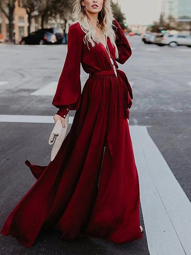  Women's Maxi long Dress A Line Dress Wine Green Long Sleeve Split Lace up Solid Color V Neck Fall Spring Party Elegant Casual 2021 S M L XL XXL / Loose