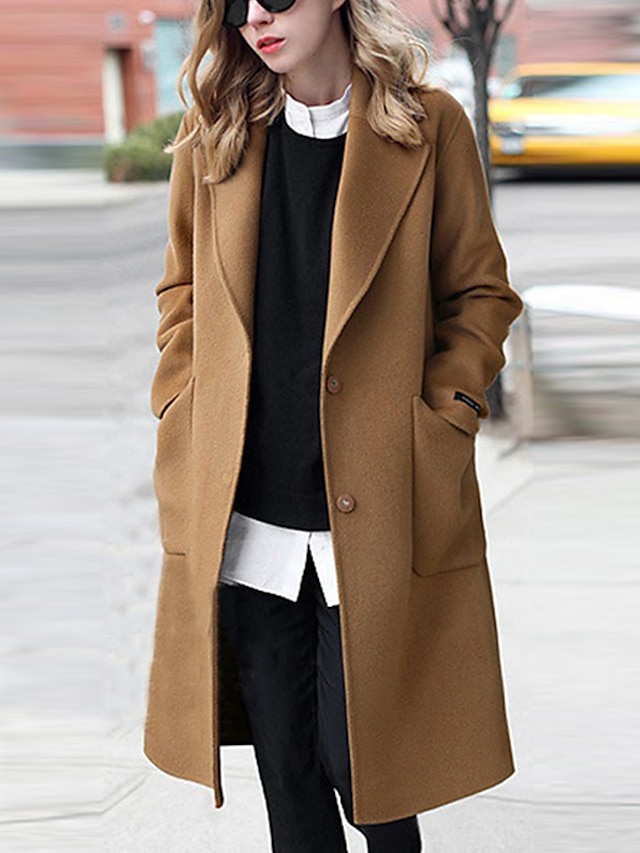  Women's Coat Daily Fall Spring Long Coat Shirt Collar Slim Basic Streetwear Jacket Long Sleeve Solid Colored Khaki Black / Holiday
