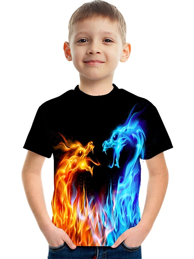  Børn Drenge T-shirt Kortærmet Drage 3D-udskrivning Grafisk Flamme Dyr Blå Gul Rød Børn Toppe Sommer Aktiv Originale Gade Påske 3-12 år