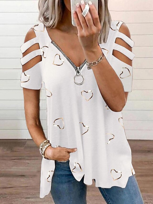  Women's Shirt Blouse Eyelet top Heart Graphic Daily White Pink Blue Zipper Cut Out Short Sleeve Basic Casual V Neck Loose Fit