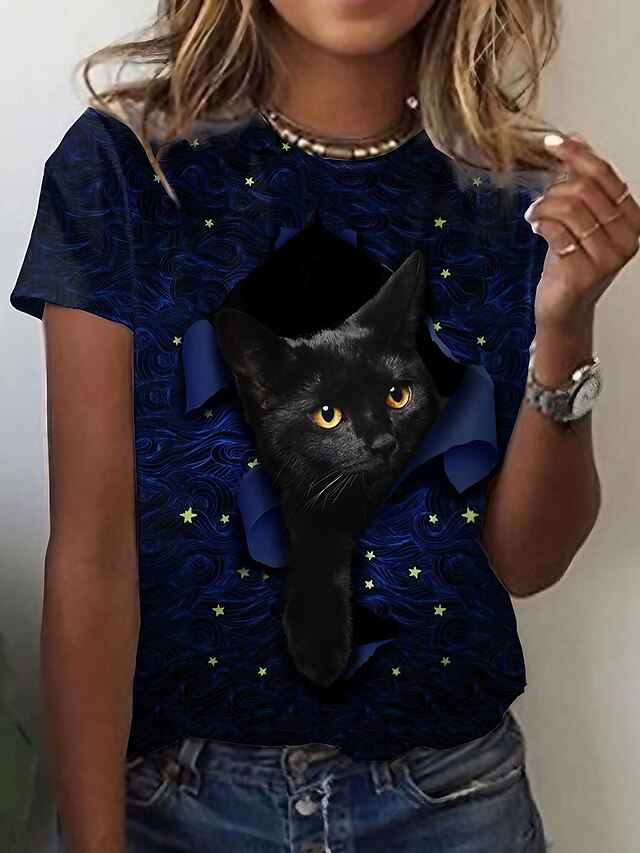  Dame T skjorte Dyr Katt 3D Svart Trykt mønster Kortermet Daglig Helg Grunnleggende Rund hals Normal