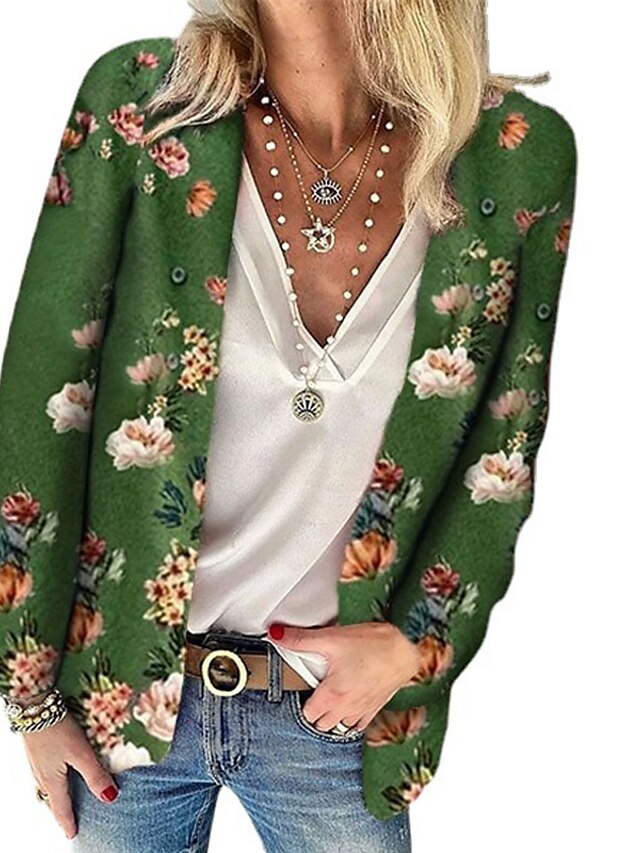  Damen Jacke Freizeitjacke Bedruckt Standard Mantel Grün Täglich Casual Öffnung vorne Herbst V Ausschnitt Regular Fit S M L XL XXL 3XL / Blumen