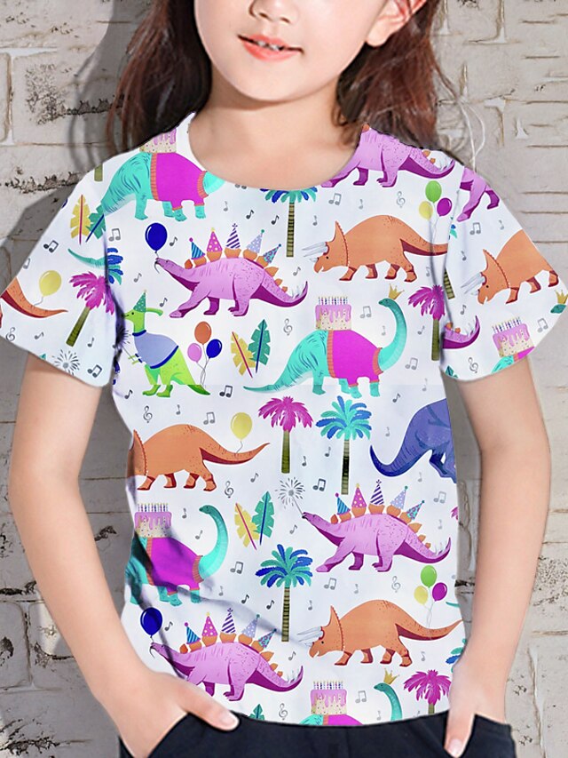  Barn Jente T skjorte T-skjorte Kortermet Hvit 3D-utskrift Dinosaur Trykt mønster Dyr Dagligdagstøy Aktiv 4-12 år / Sommer