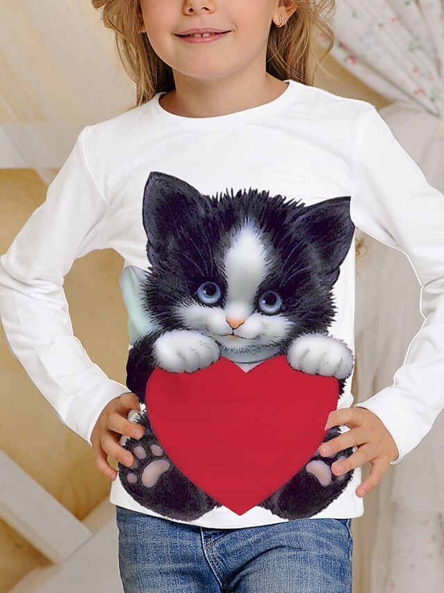  børn kat 3d print t-shirt langærmet hvid sort dyreprint skole dagligt slid aktiv 4-12 år / efterår