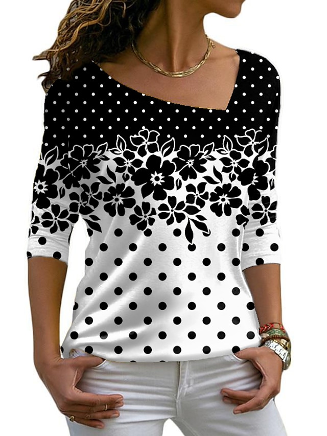  Women's T shirt Floral Theme Painting Floral Polka Dot Color Block V Neck Print Basic Tops Black / 3D Print