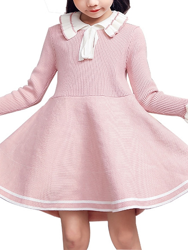  Girls' 3D Striped Dress Long Sleeve Fall Causal Daily Casual Sweet Kids 3-12 Years A Line Dress Midi Polyester Regular Fit