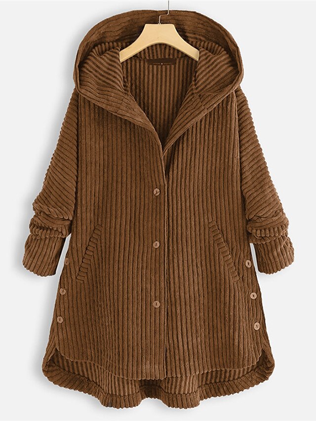  Women's Plus Size Teddy Coat Winter Coat Button Pocket Plain Work Going out Long Sleeve Hoodie Regular Winter Fall Green Black Brown XL XXL 3XL 4XL 5XL