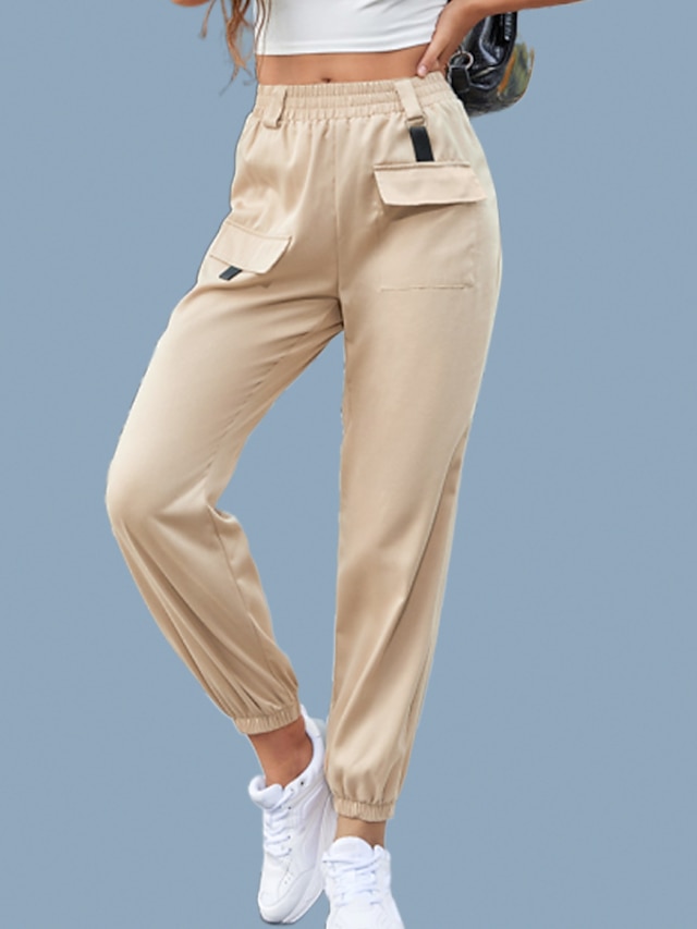  Women's Cargo Pocket Pants Full Length Pants Inelastic Sports Weekend Polyester Solid Color High Waist Outdoor Sports Khaki S M L XL / Spring & Summer