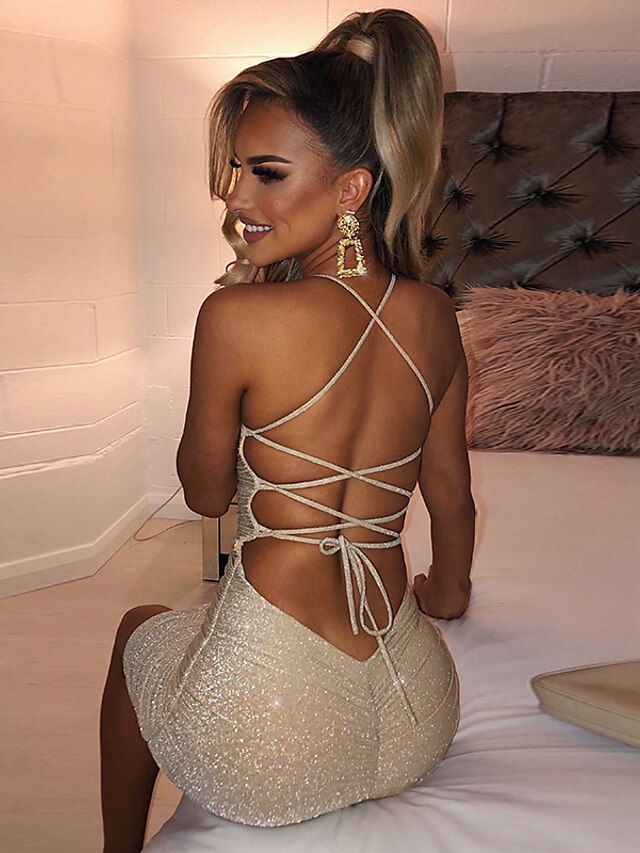  Women‘s Sheath Dress Party Dress Short Mini Dress Champagne Gold Blue Sleeveless Pure Color Backless Ruched Spring Summer Cold Shoulder Personalized Stylish Hot Party Slim 2023 S M L XL XXL
