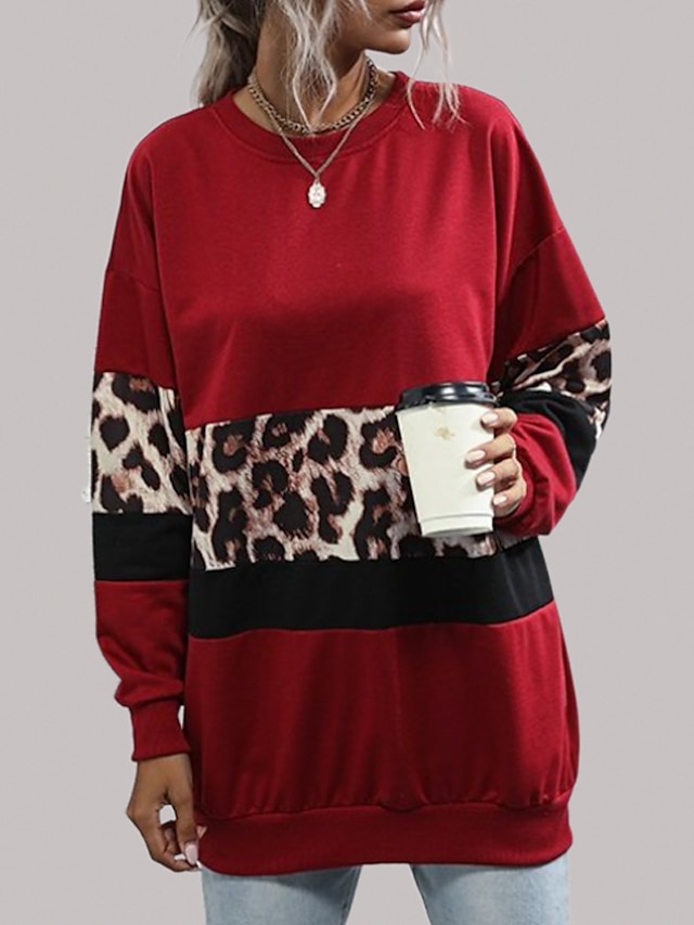  Dame Vanlig Farveblok Leopard bluse Basale Lang Længde Hættetrøjer Sweatshirts Vin