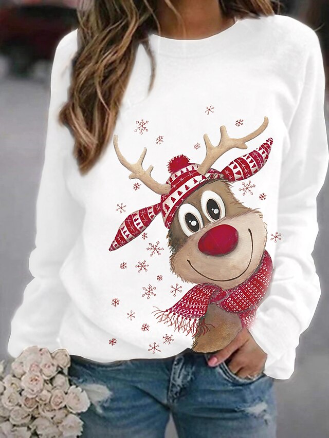  Women's Plus Size Hoodie Sweatshirt Reindeer Rudolph Christmas Gifts Christmas Hoodies Sweatshirts  Loose White