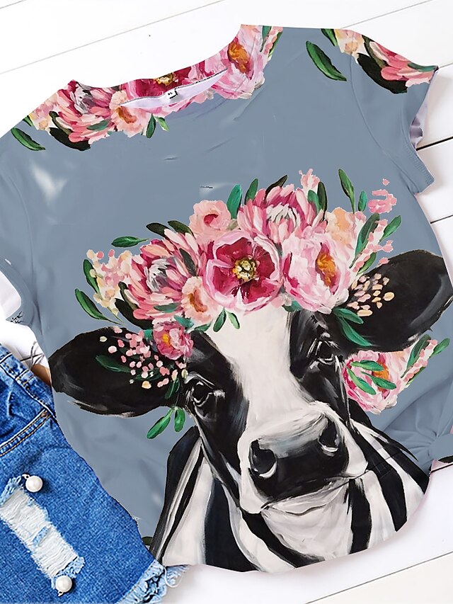  Women's T shirt Floral Flower Animal Print Round Neck Basic Tops Blue Light Green
