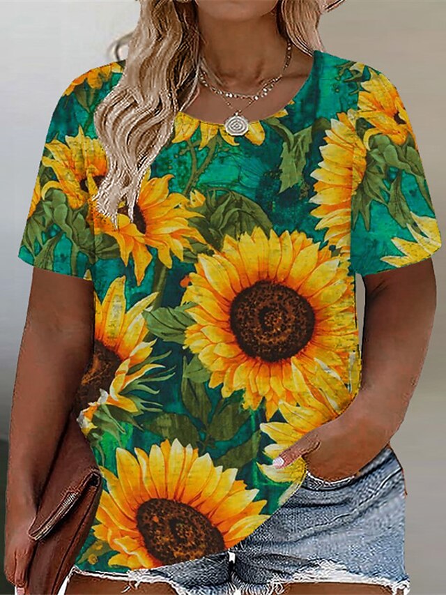  Women's Plus Size Tops T shirt Graphic Sunflower Short Sleeve Print Basic Streetwear Crewneck Cotton Spandex Jersey Daily Sports Summer Blue Green