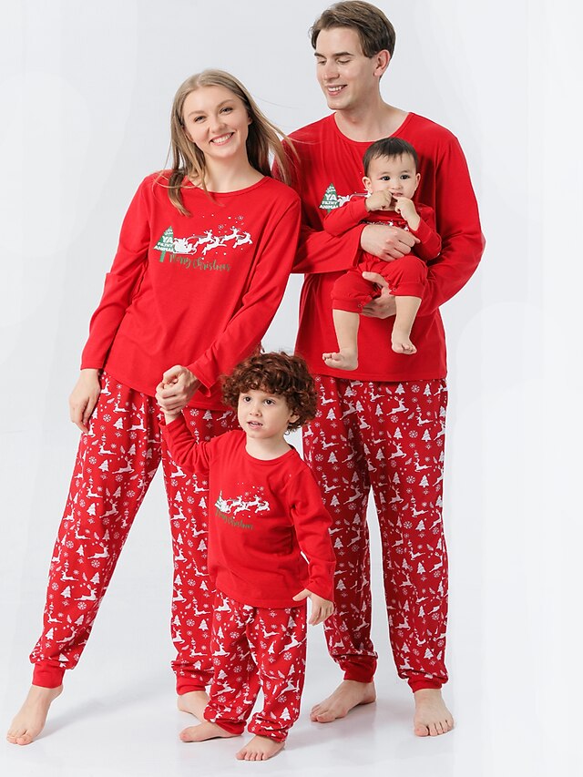 Family Look Christmas Pajamas Christmas Gifts Deer Christmas Tree Print Dark Pink Long Sleeve Daily Matching Outfits / Fall / Winter