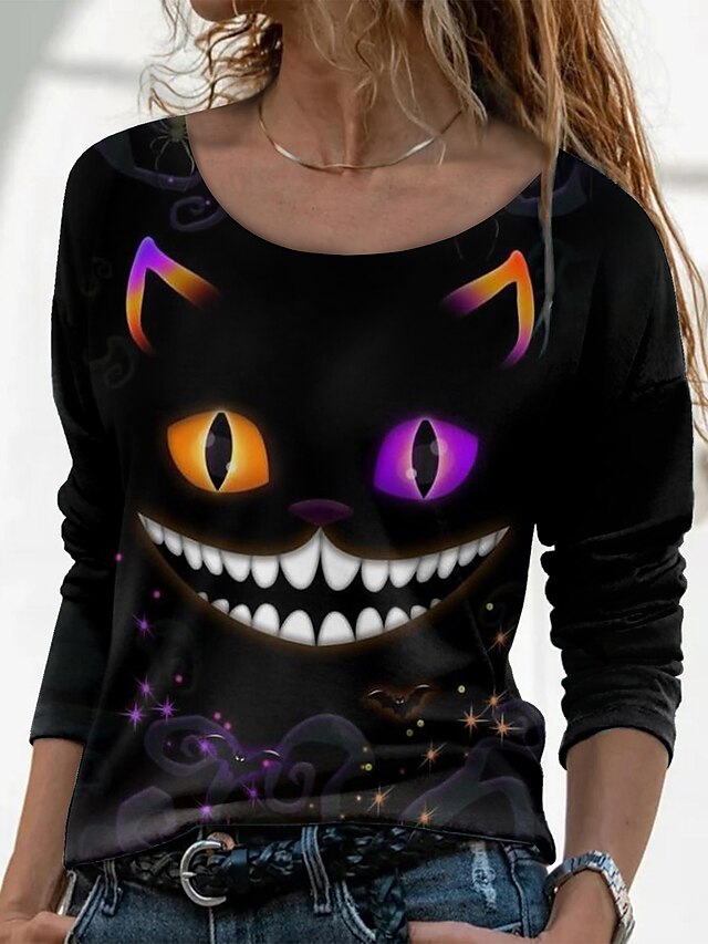  Dame Halloween T skjorte 3D Maling Langermet 3D Dyr Rund hals Trykt mønster Grunnleggende Halloween Topper Normal Svart / 3D-utskrift