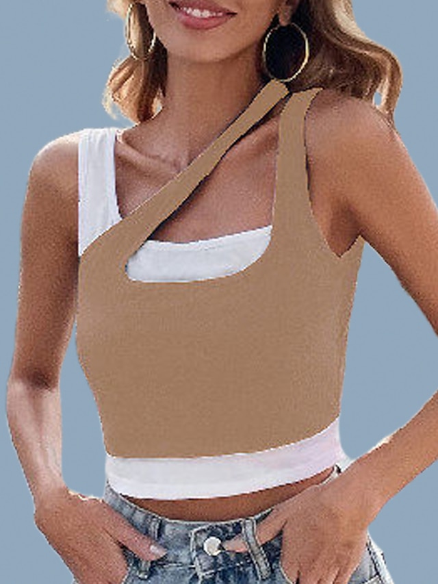  LITB Basic Women's One Shoulder Stripe Tank U Kneck Tops Basic Active Outfit Solid Color