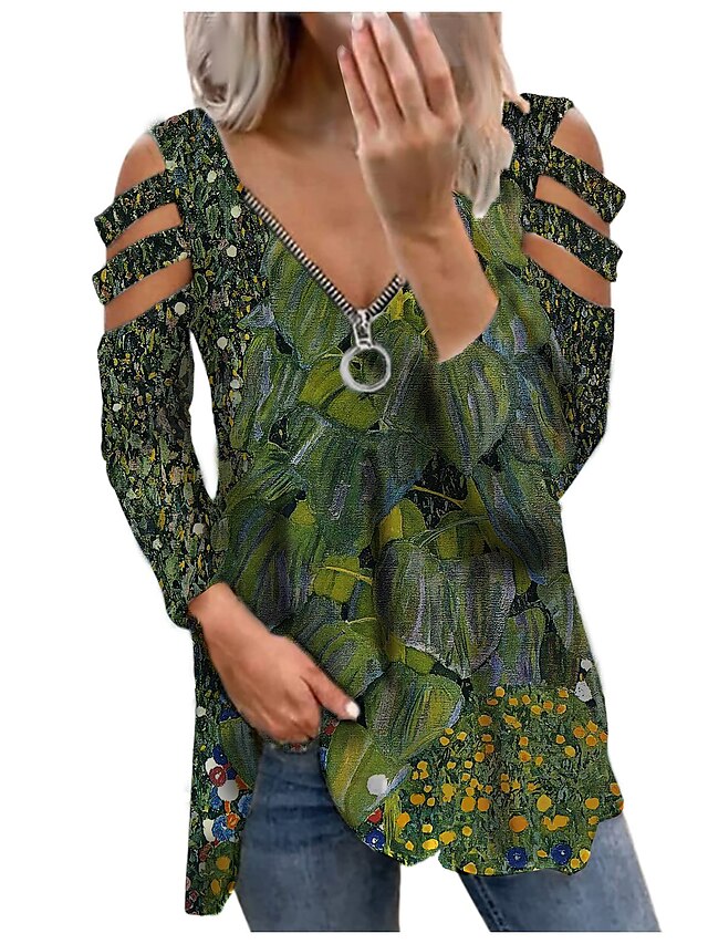  Women's Shirt Going Out Tops Blouse Eyelet top Floral Graphic Plants Daily Weekend Blue Brown Green Print Zipper Cut Out Long Sleeve Streetwear Basic V Neck Regular Fit Spring Fall