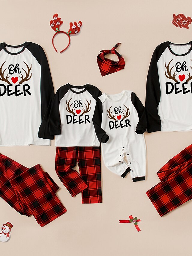  Family Look Pajamas Christmas Gifts Plaid Deer Letter Patchwork White Long Sleeve Daily Matching Outfits / Fall / Winter / Cute / Print