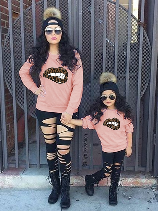  Mommy and Me Tops Sweatshirt Daily Graphic Leopard Print White Pink Gray Long Sleeve Daily Matching Outfits / Fall / Cute