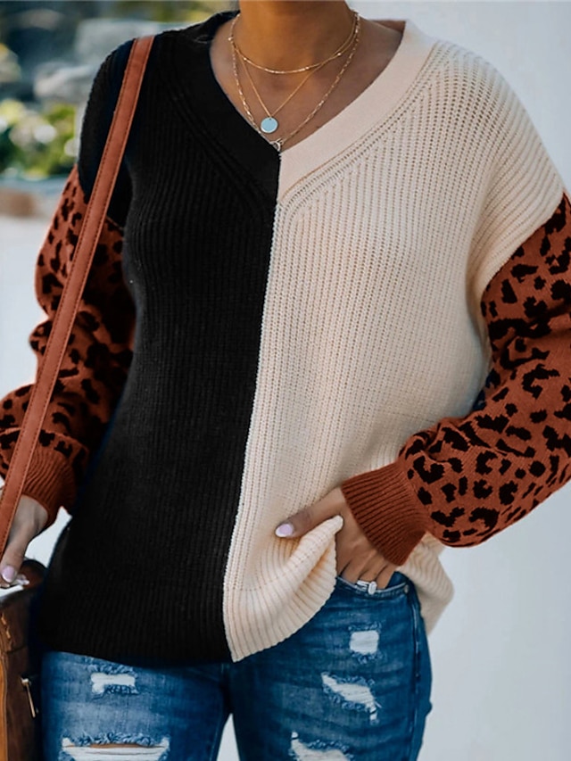  Women's Pullover Sweater Jumper Knit Modern Style Round Neck Leopard Print Street Causal Active Casual Fall Winter Black with gray White with black S M L / Long Sleeve / Holiday / Color Block / Loose