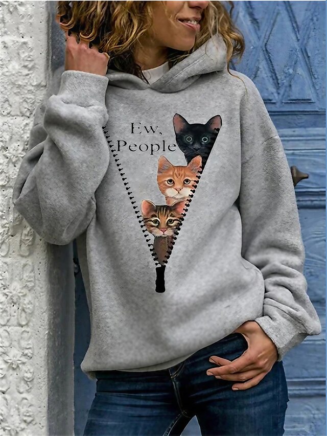  Damen Katze Pullover Hoodie Sweatshirt Patchwork Bedruckt 3D-Druck Alltag Täglich Grundlegend Kapuzenpullover Sweatshirts Lose Blau Grau