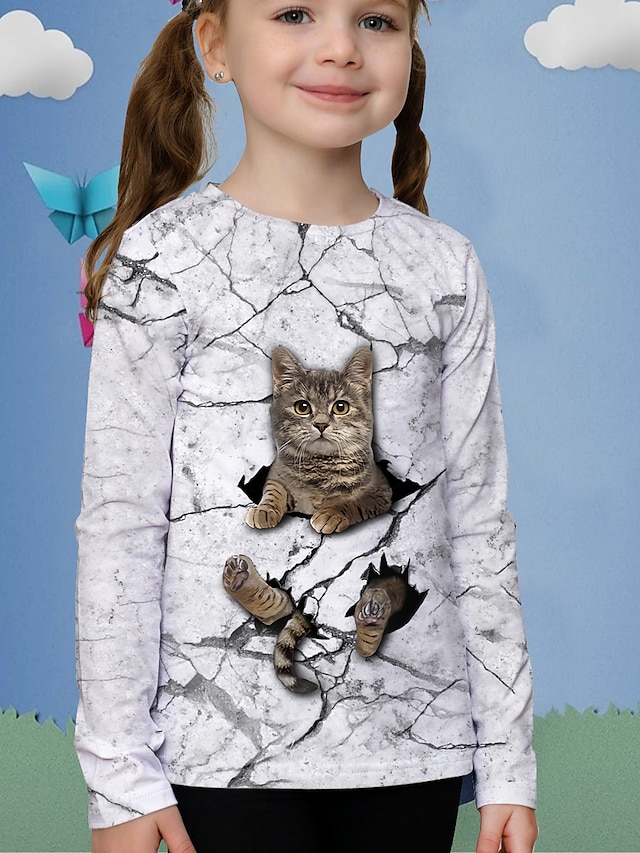  Mädchen 3D Tier Katze T-Shirt Langarm 3D-Druck Herbst Aktiv Polyester kinderkleidung 4-12 Jahre Regular Fit