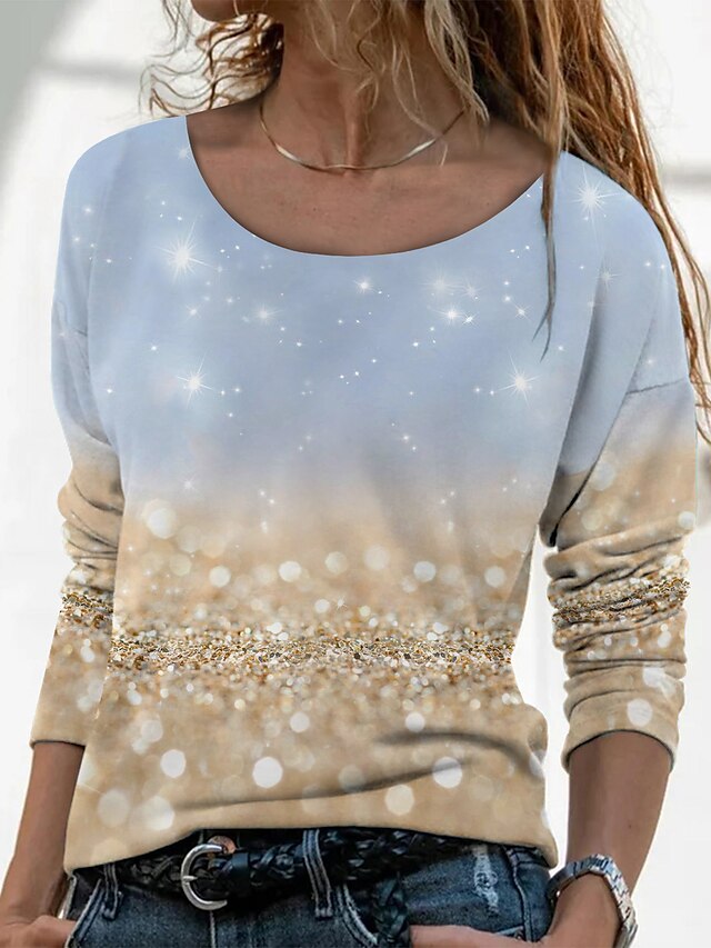  Dame Grafisk sparkly Farveblok Daglig Weekend Abstrakt Maleri Langærmet T-shirt Rund hals Trykt mønster Basale Toppe Blå Grå Lilla S / 3D-udskrivning