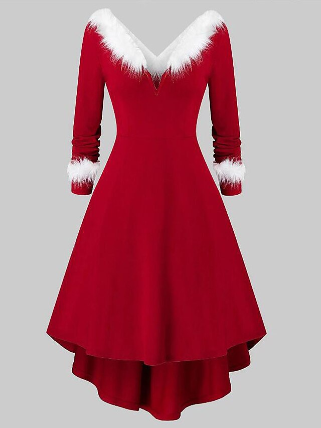  Damen Knielanges Kleid A Linie Kleid Rote 3/4 Ärmel plus hoch niedrig Volltonfarbe V-Ausschnitt Herbst Winter Elegant Alltag Sexy 2021 S M L XL XXL