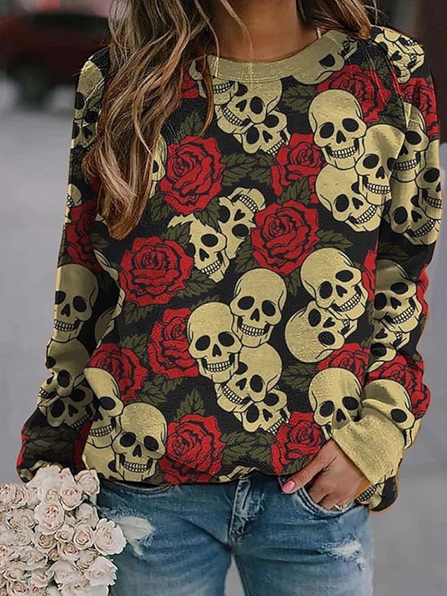  Damen Blumen Totenkopf Motiv Pullover Zur Seite fahren Bedruckt Halloween Wochenende Aktiv Strassenmode Kapuzenpullover Sweatshirts Rote