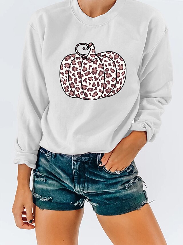  Dame Leopard Græskar Sweatshirt bluse Trykt mønster Varm Stempling Afslappet Sport Gade Halloween Hættetrøjer Sweatshirts Vinrød Gul Grå