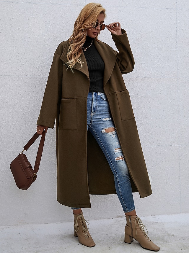  Women's Coat Fall Winter Daily Work Long Coat Warm Slim Sporty Casual Jacket Long Sleeve Patchwork Solid Color Coffee