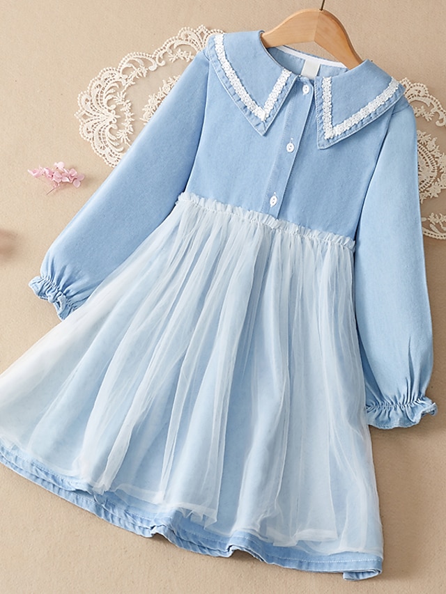 Kinder Wenig Mädchen Kleid Patchwork Alltag Täglich Tüll-Kleid Blau Knielang Tüll Langarm nette Art Kleider Herbst Frühling 4-13 Jahre