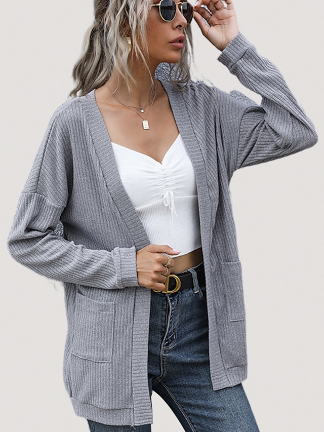  Women's Cardigan Solid Color Long Sleeve Sweater Cardigans Open Front Army Green Light gray