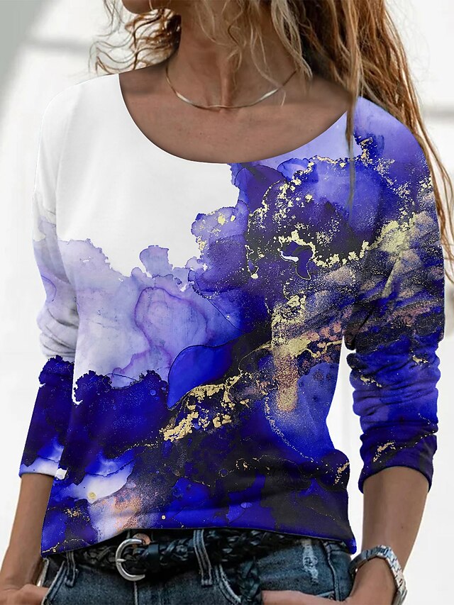  Damen Graphic Täglich Wochenende Abstrakt Farbe Langarm T Shirt Rundhalsausschnitt Bedruckt Basic Oberteile Grün Blau Purpur S / 3D-Druck