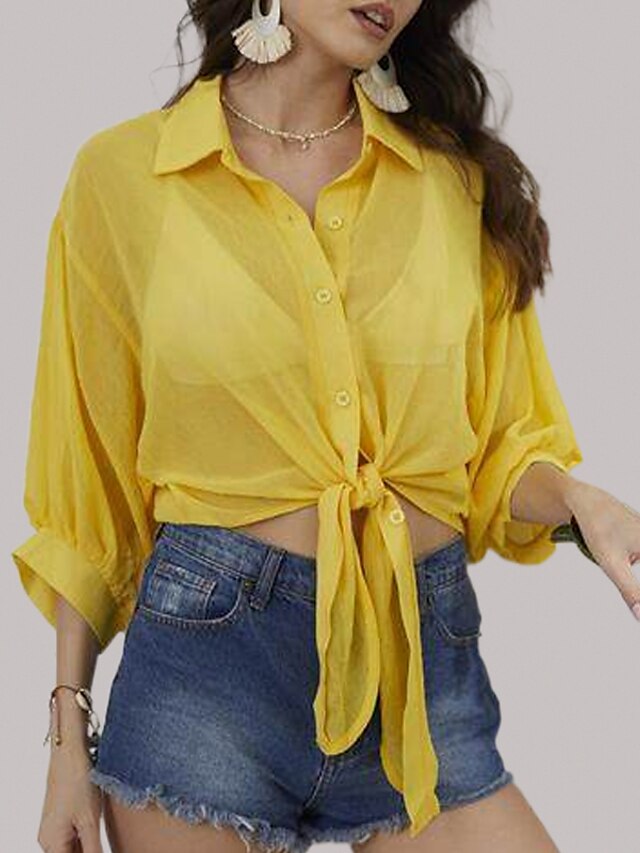  Mulheres Camisa Social Tecido Colarinho de Camisa Blusas Amarelo